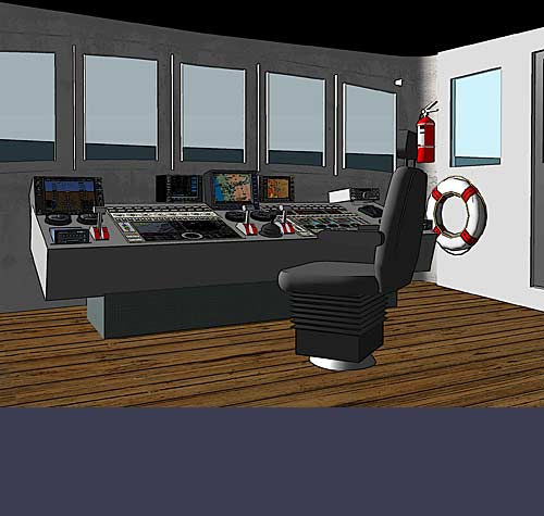 The bridge of the Aurora II is the neuralgic center of the ship. From here the pilot has full control of the vessel. Devices like the helm, the engines, the pumps or the anchors automatically respond to the commands on the main console. The multiple touchscreens also give real time information about the proper functioning of the elements of the ship alerting in case of malfunction.